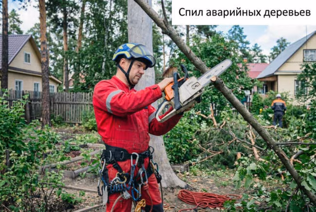 спил аварийных деревьев с арбористом в красной экипировке
