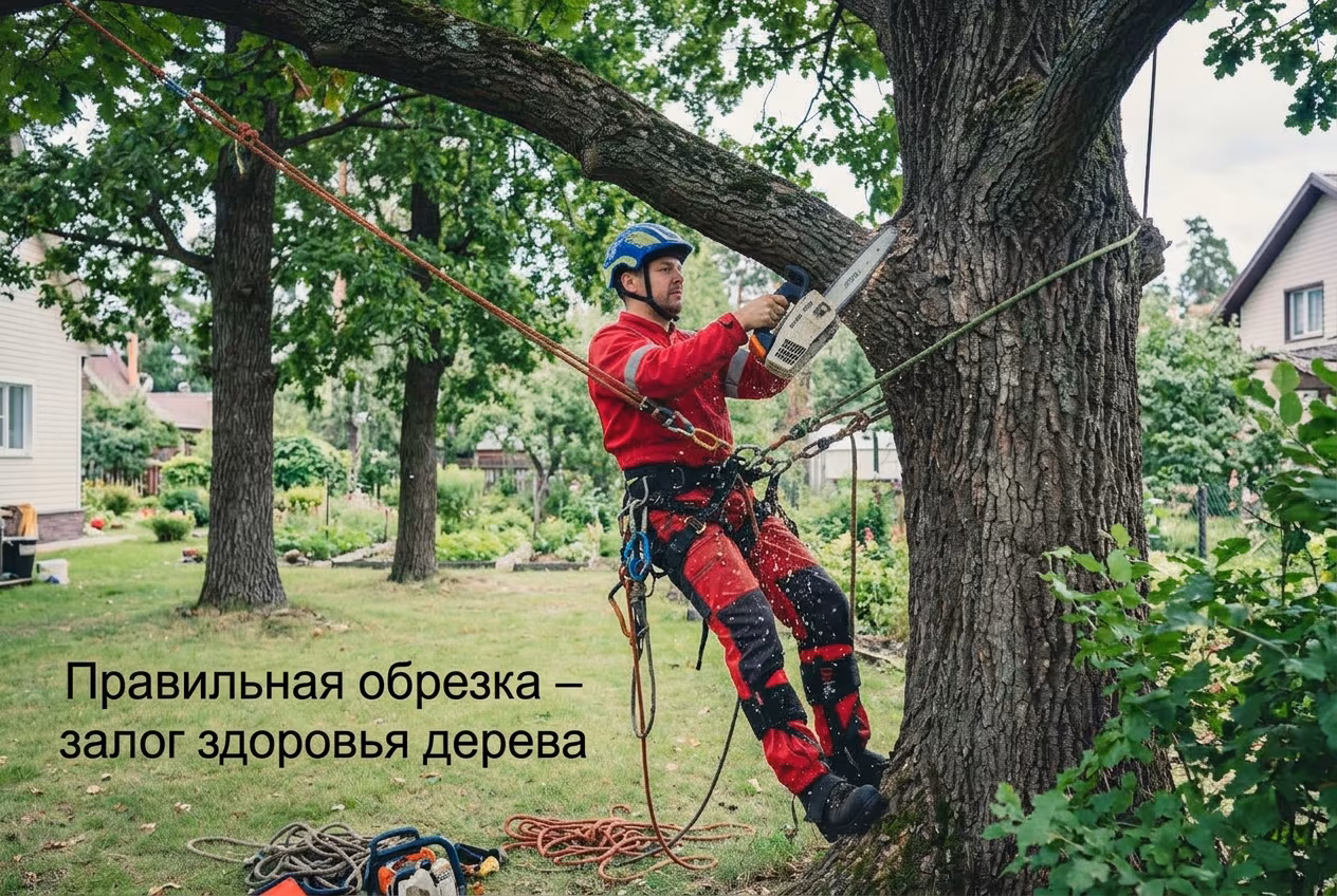 Арборист спиливает аварийное дерево по частям в городе